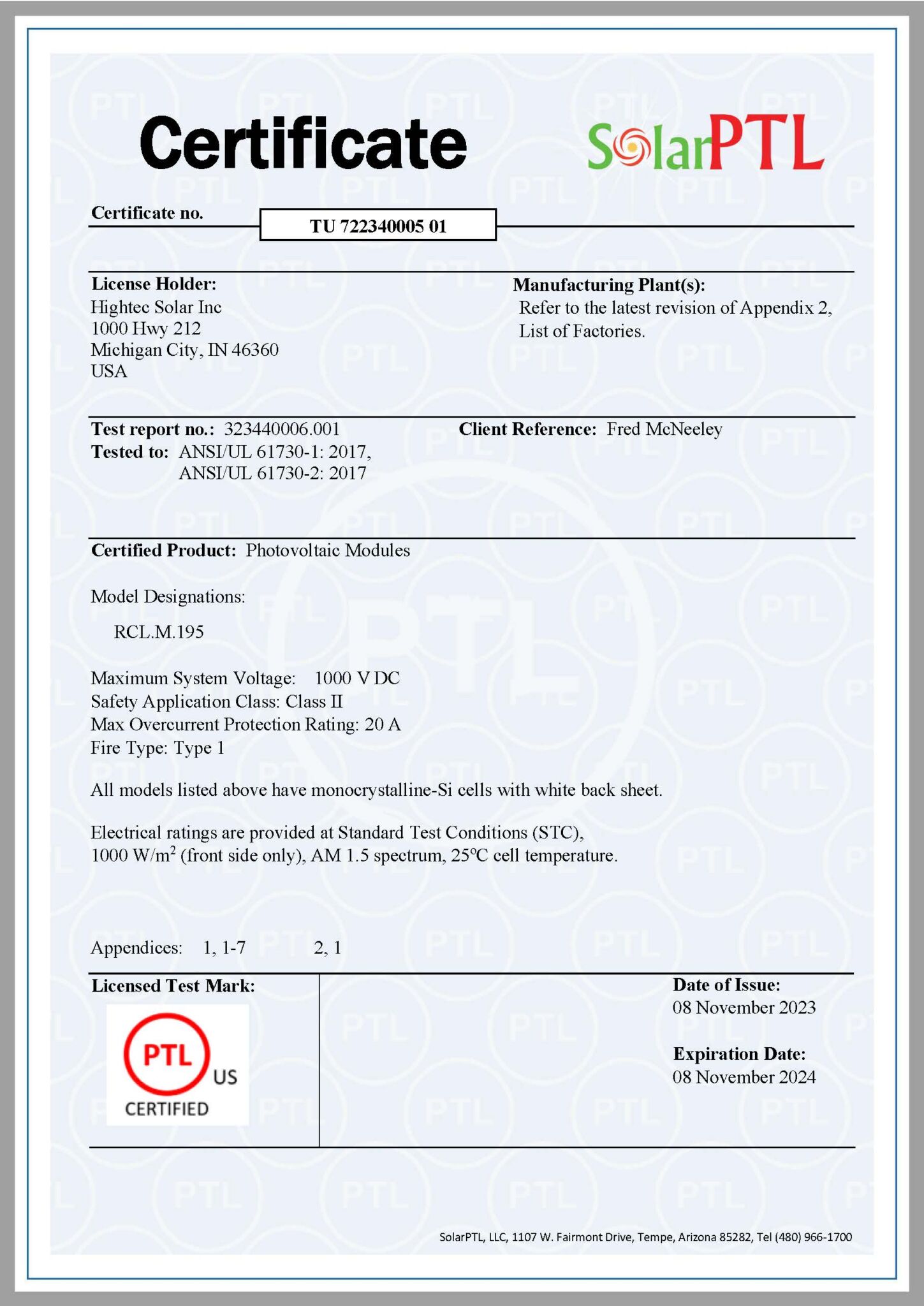 Solar PTL Certificate - Hightec Solar - America’s Solar Panel Manufacturer